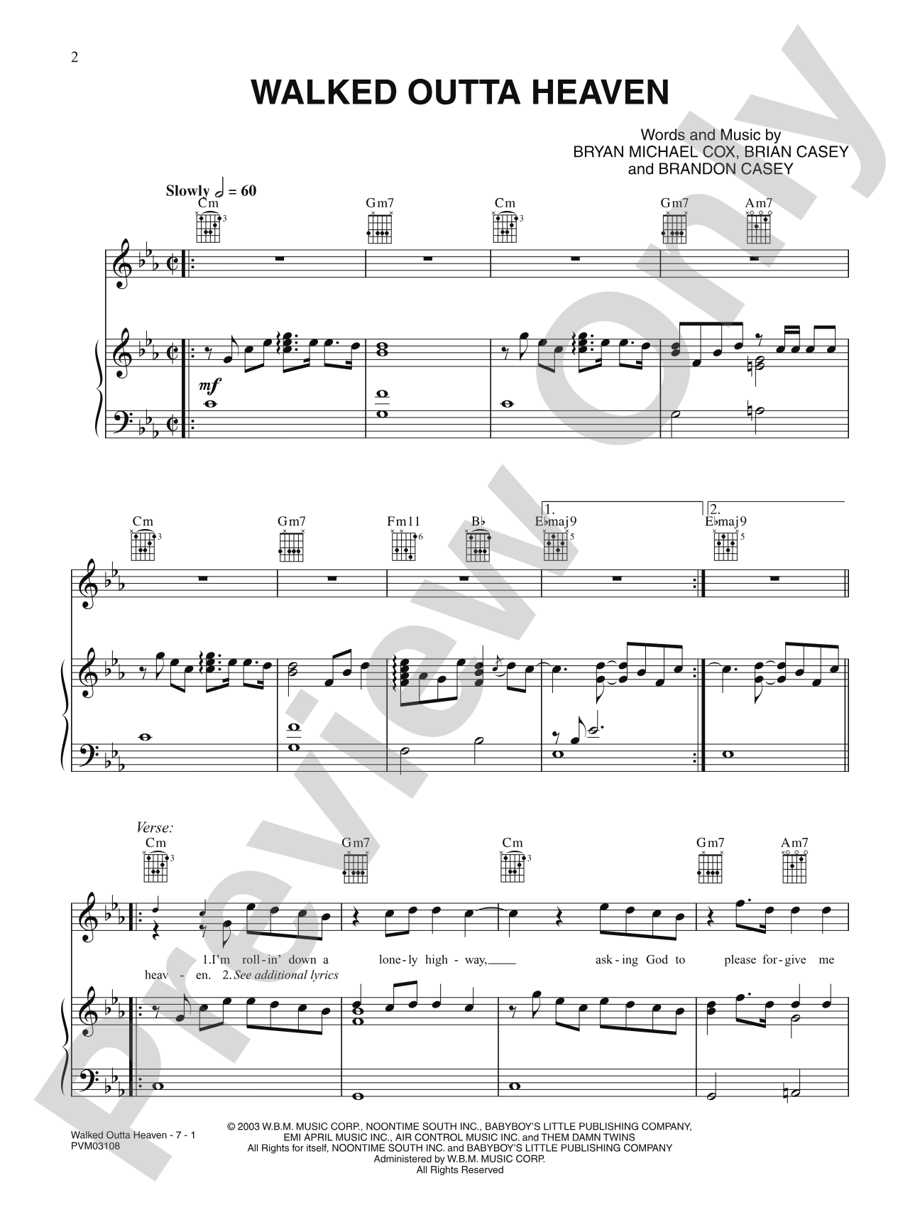 Walked Outta Heaven: Piano/Vocal/Chords