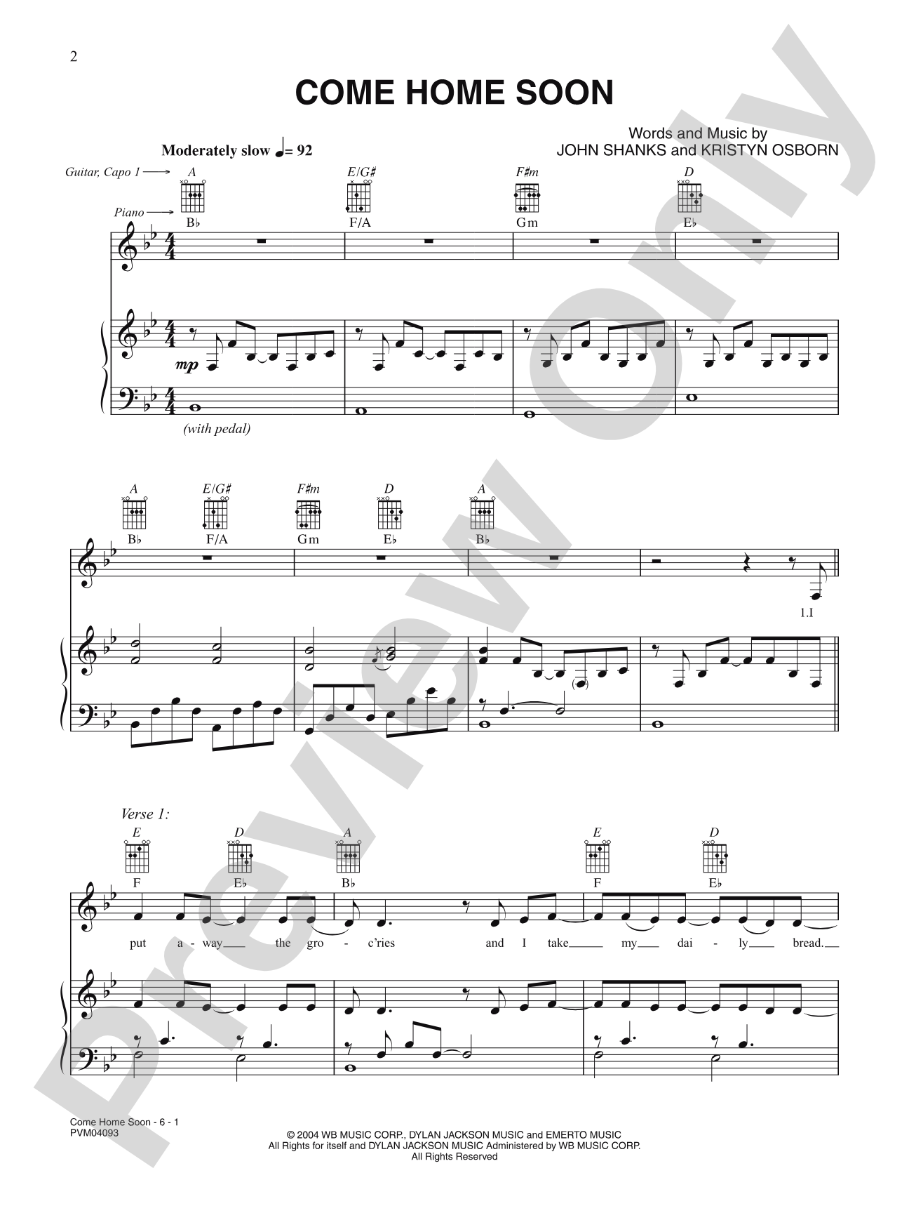 Come Home Soon: Piano/Vocal/Chords