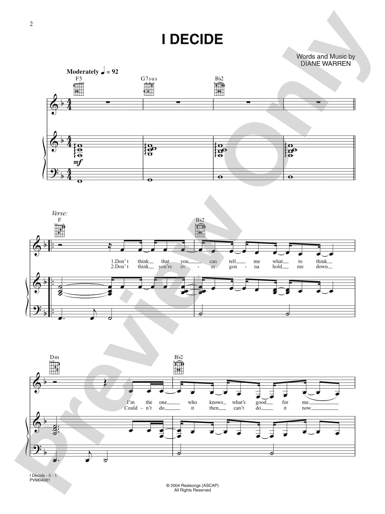 I Decide: Piano/Vocal/Chords