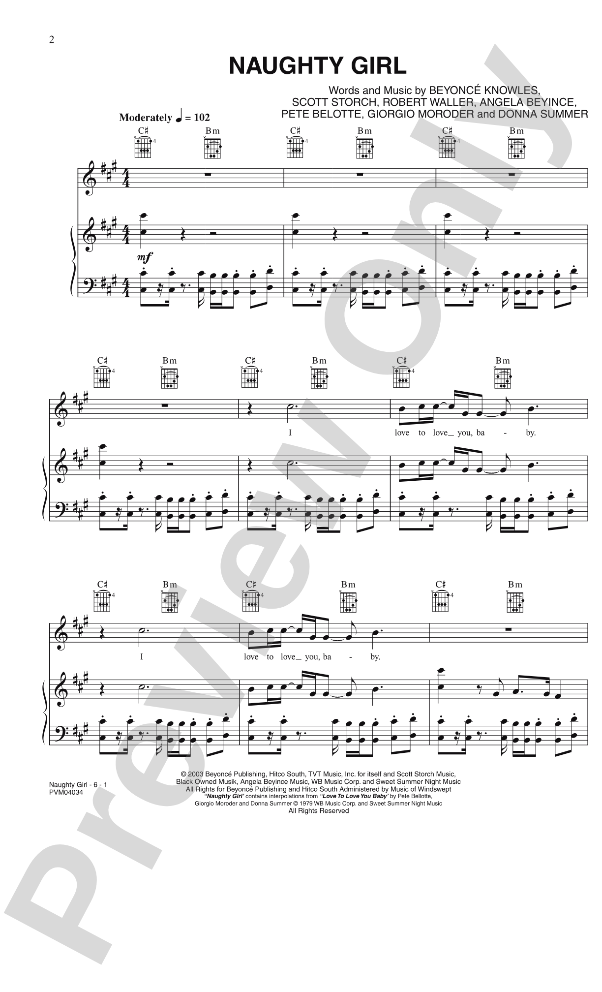 Naughty Girl: Piano/Vocal/Chords