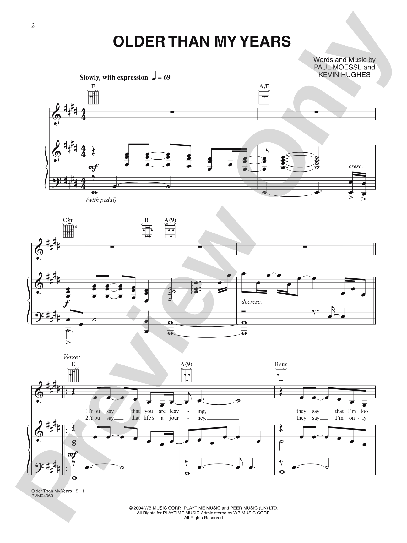 Older Than My Years: Piano/Vocal/Chords