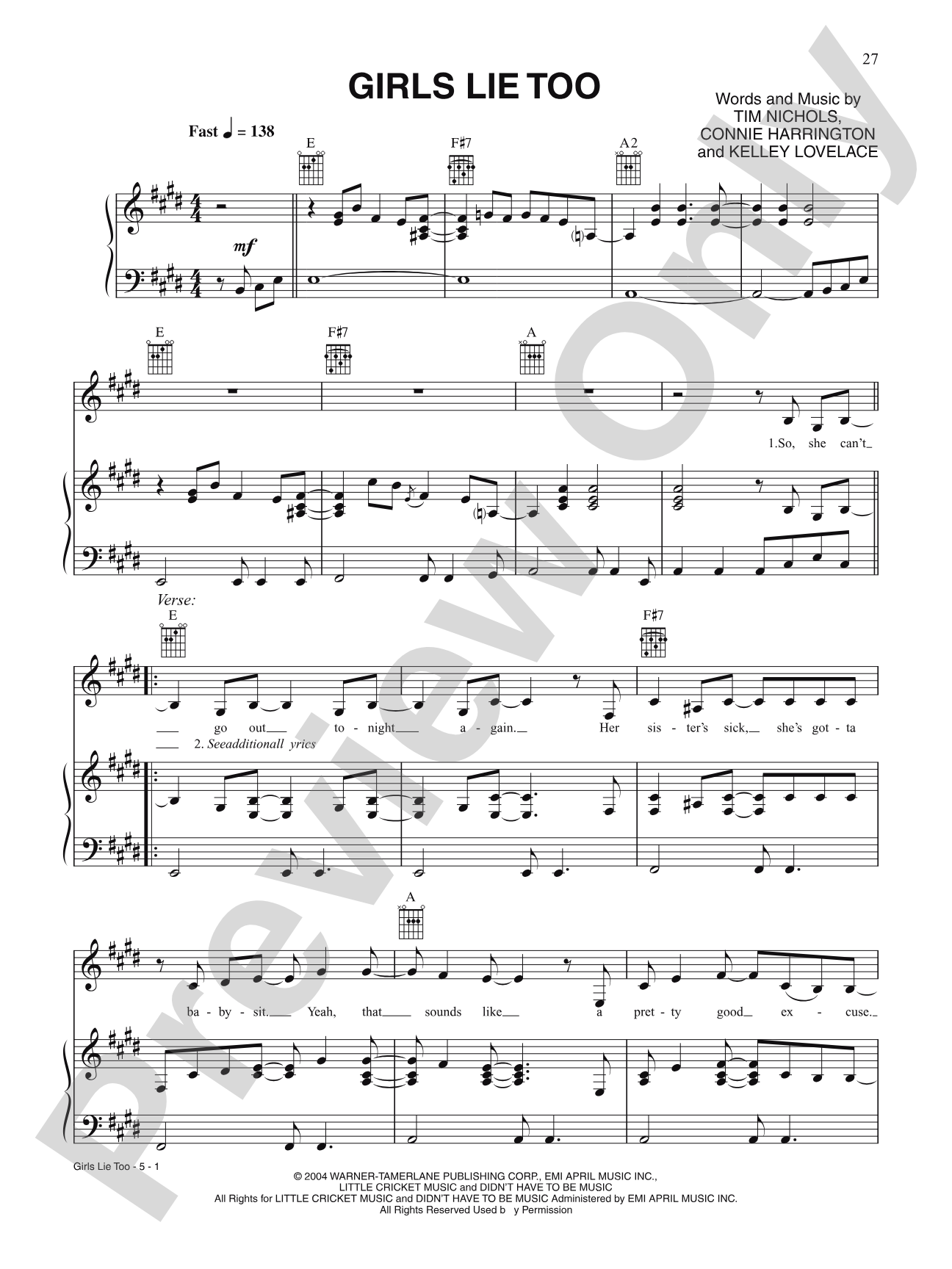 Girls Lie Too: Piano/Vocal/Chords