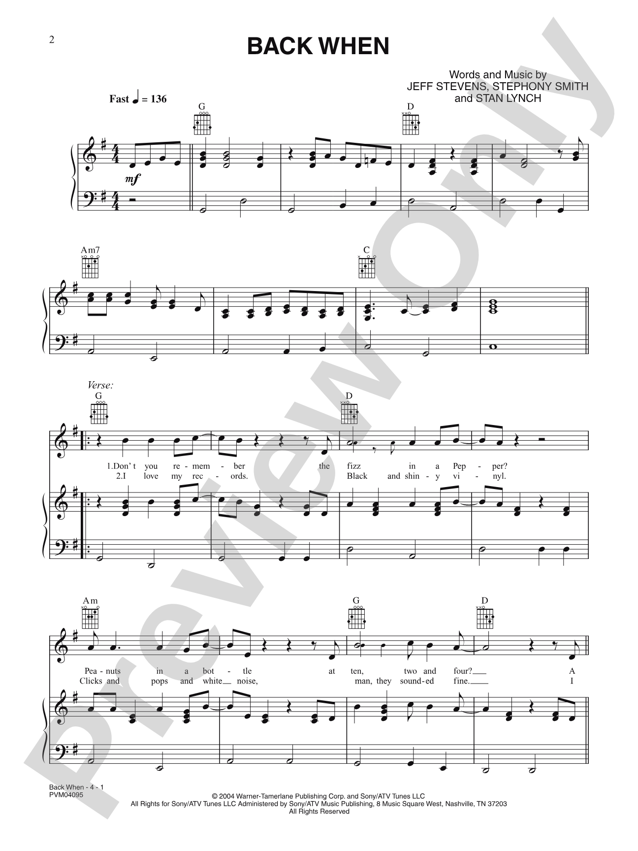 Back When: Piano/Vocal/Chords