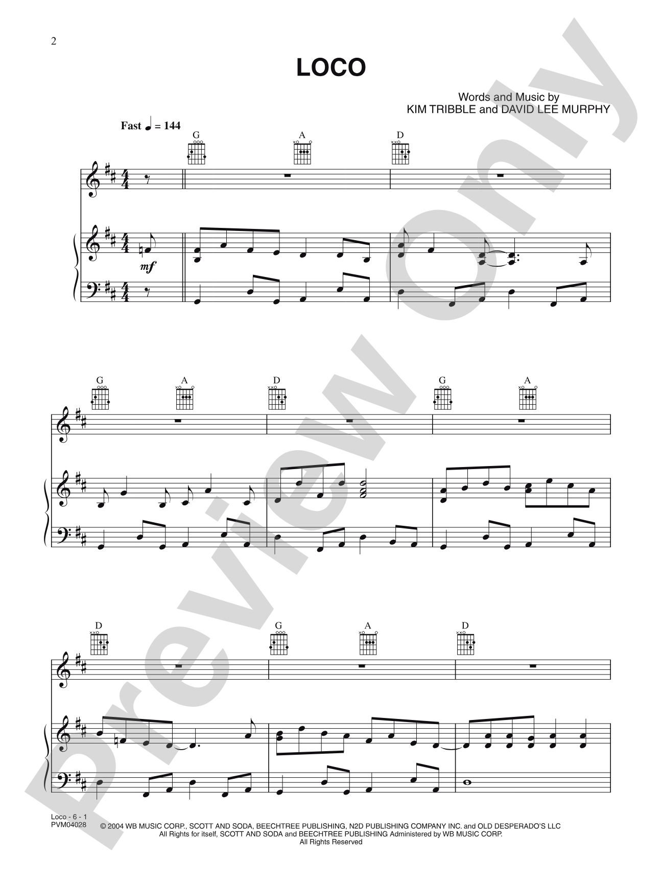 Loco: Piano/Vocal/Chords