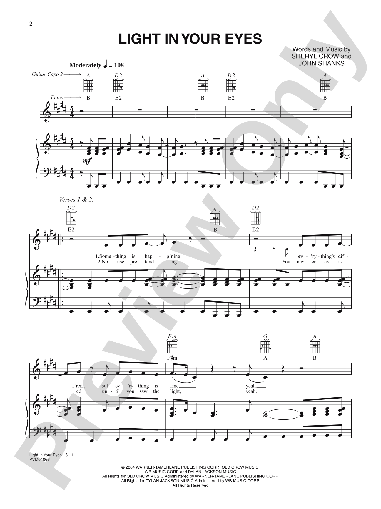 Light in Your Eyes: Piano/Vocal/Chords