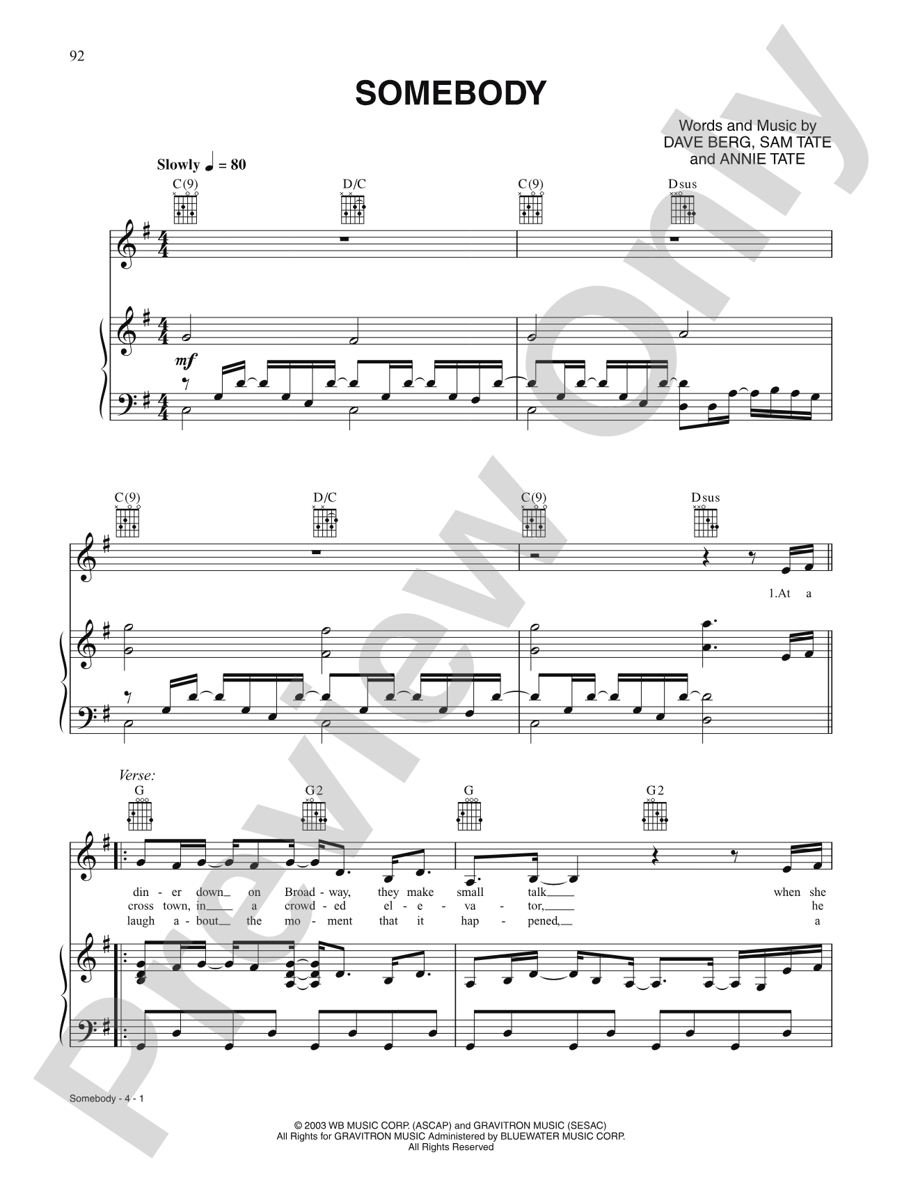 Somebody: Piano/Vocal/Chords
