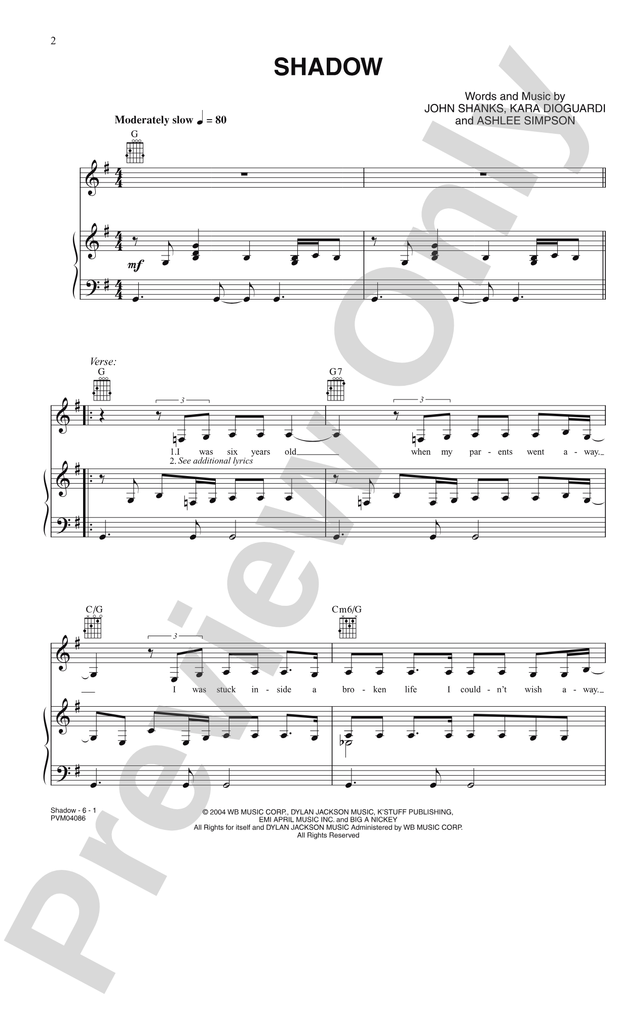 Shadow: Piano/Vocal/Chords