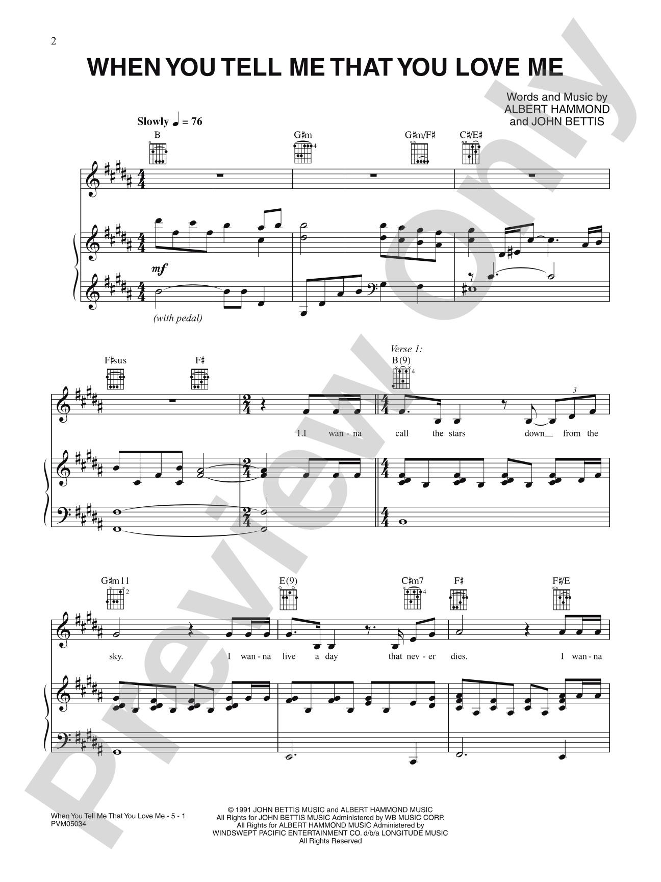 When You Tell Me That You Love Me: Piano/Vocal/Chords