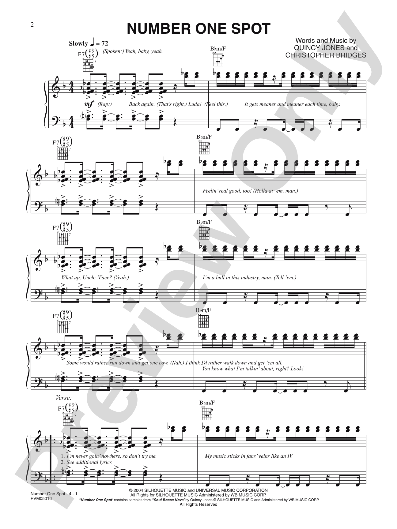 Number One Spot: Piano/Vocal/Chords