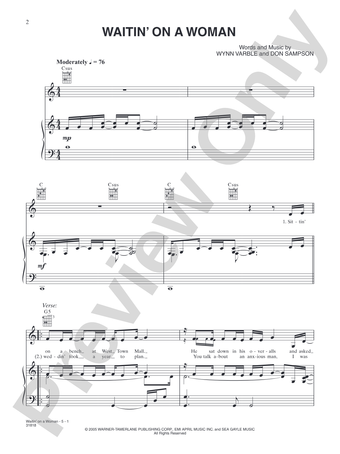 Waitin' On A Woman: Piano/Vocal/Chords