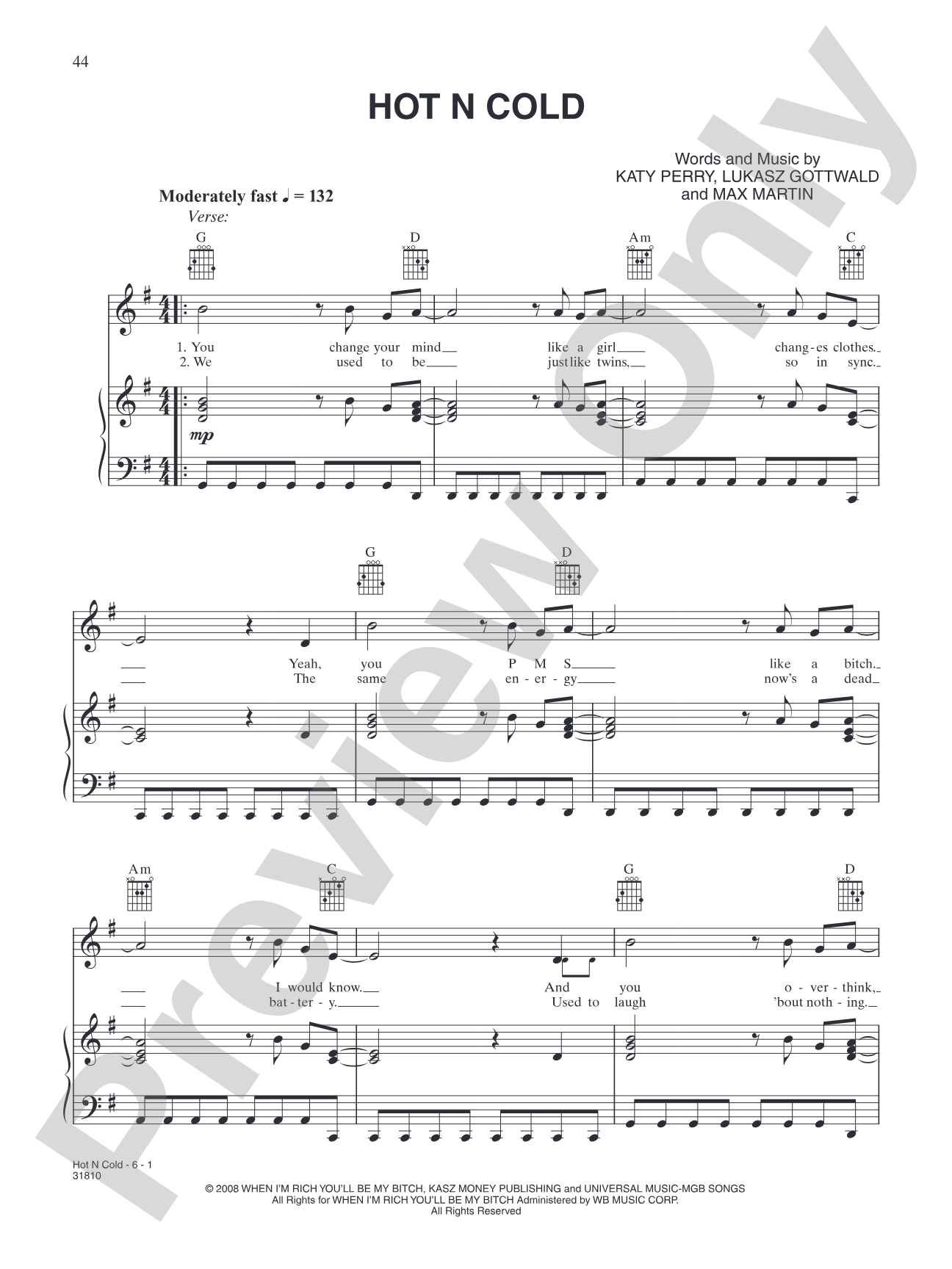 Hot N Cold: Piano/Vocal/Chords