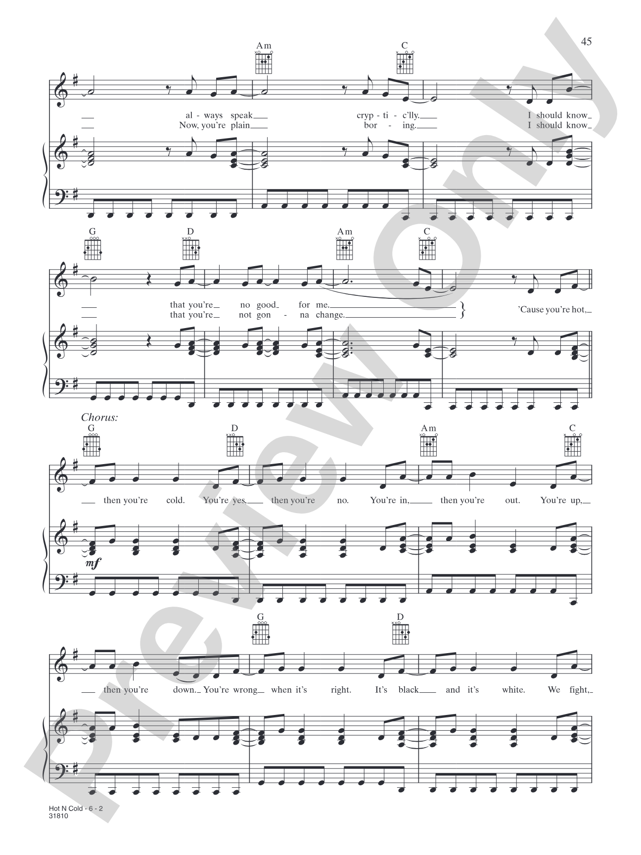 Hot N Cold: Piano/Vocal/Chords