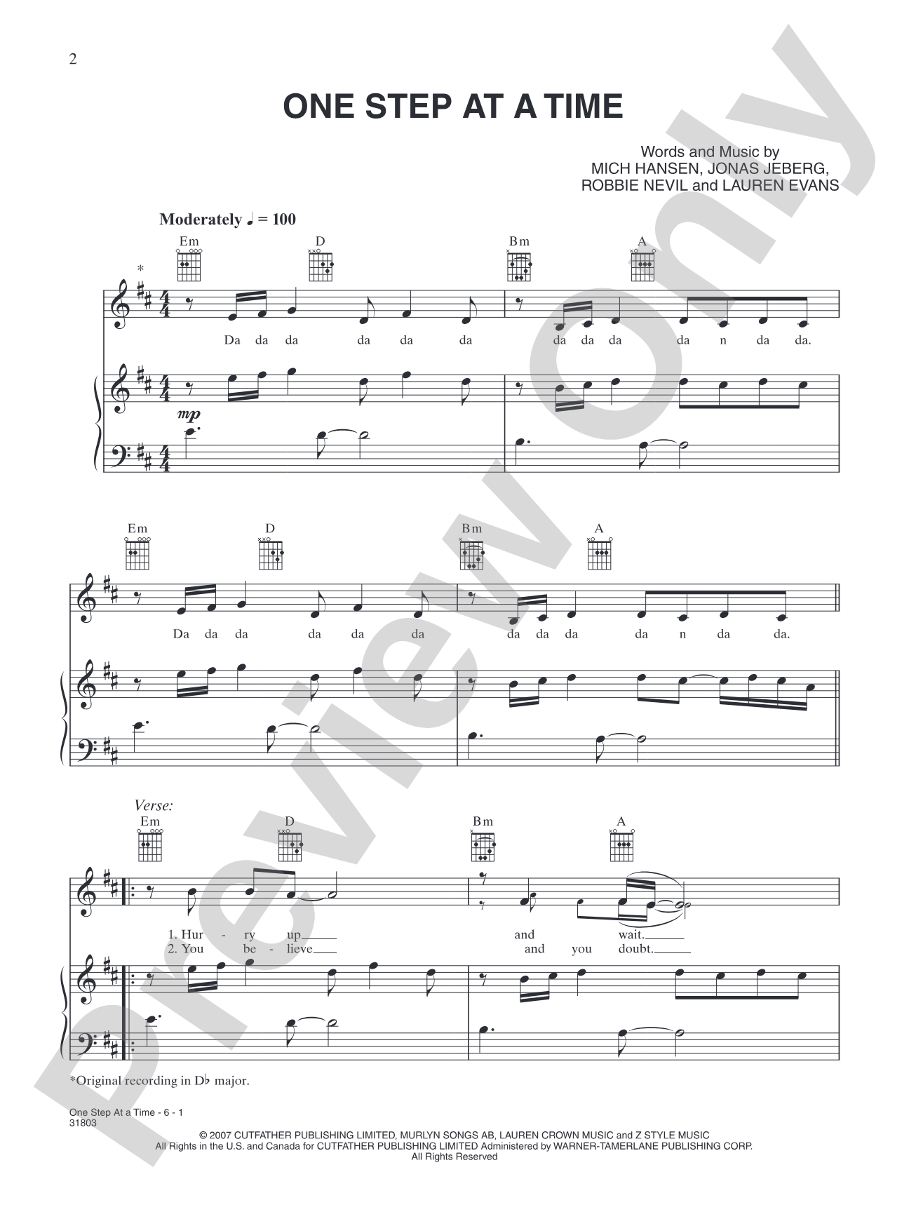 One Step at a Time: Piano/Vocal/Chords