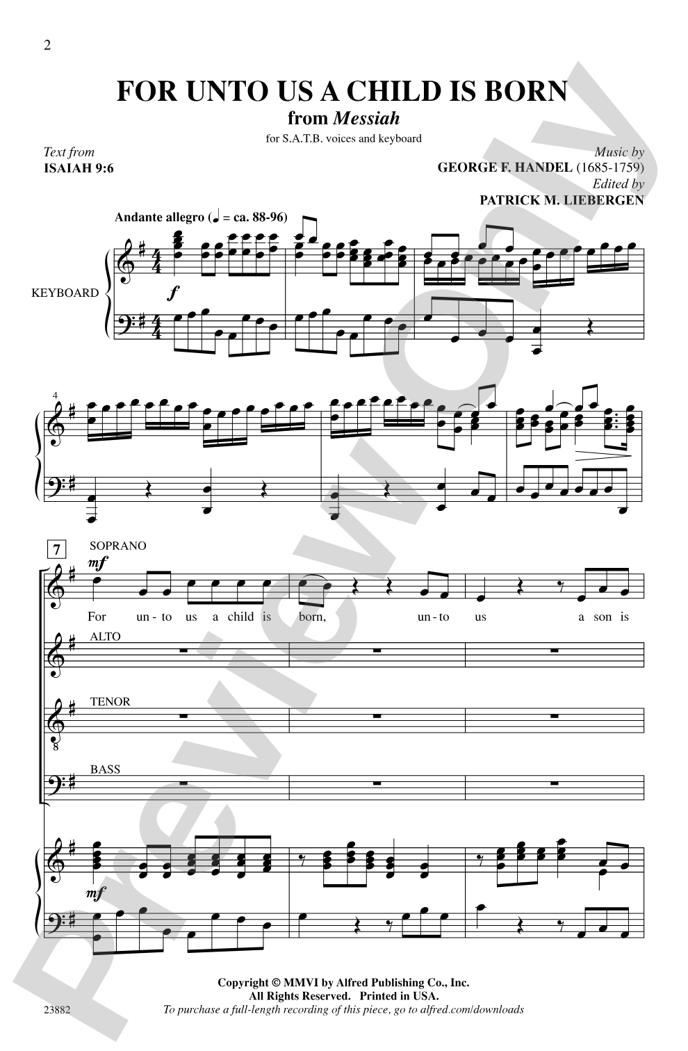 For Unto Us a Child Is Born (from <I>Messiah</I>): SATB Choral Octavo