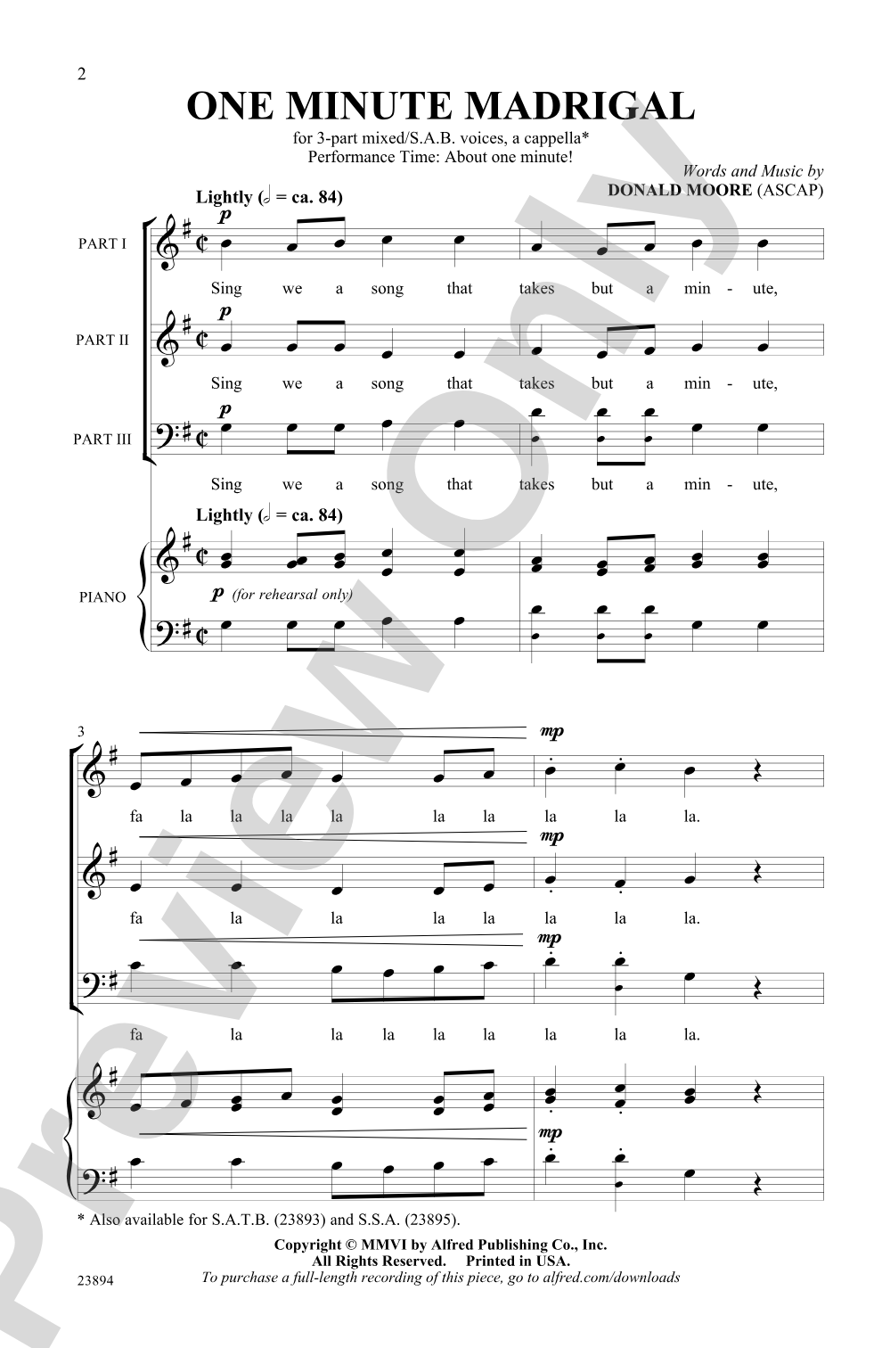 One Minute Madrigal: 3-Part Mixed / SAB, <I>a cappella</I> Choral Octavo