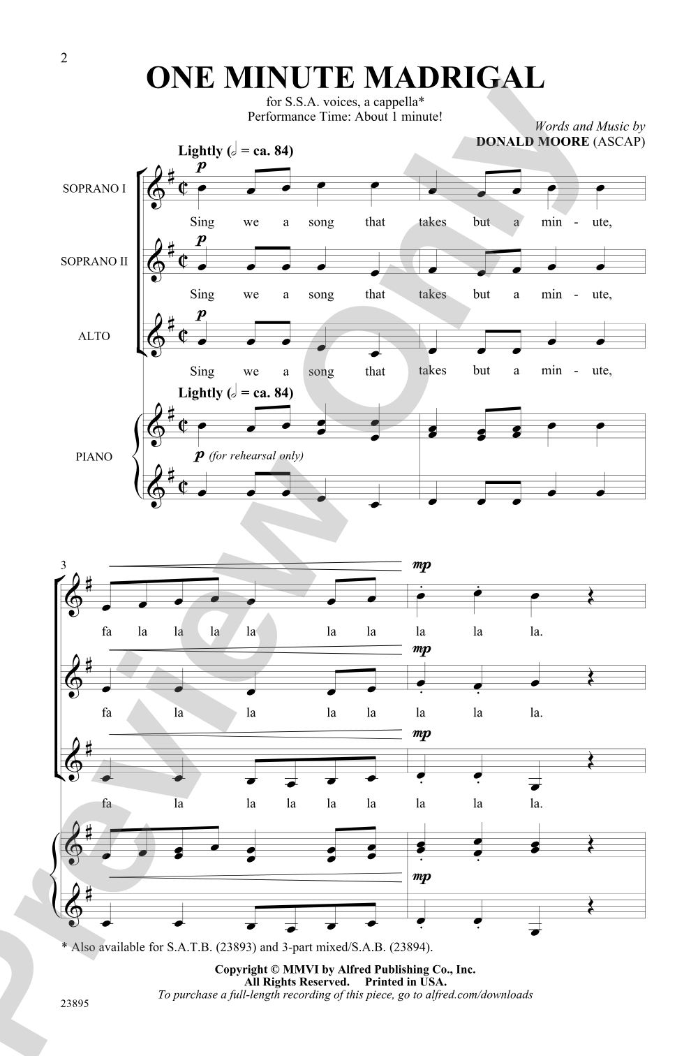 One Minute Madrigal: SSA, <I>a cappella</I> Choral Octavo