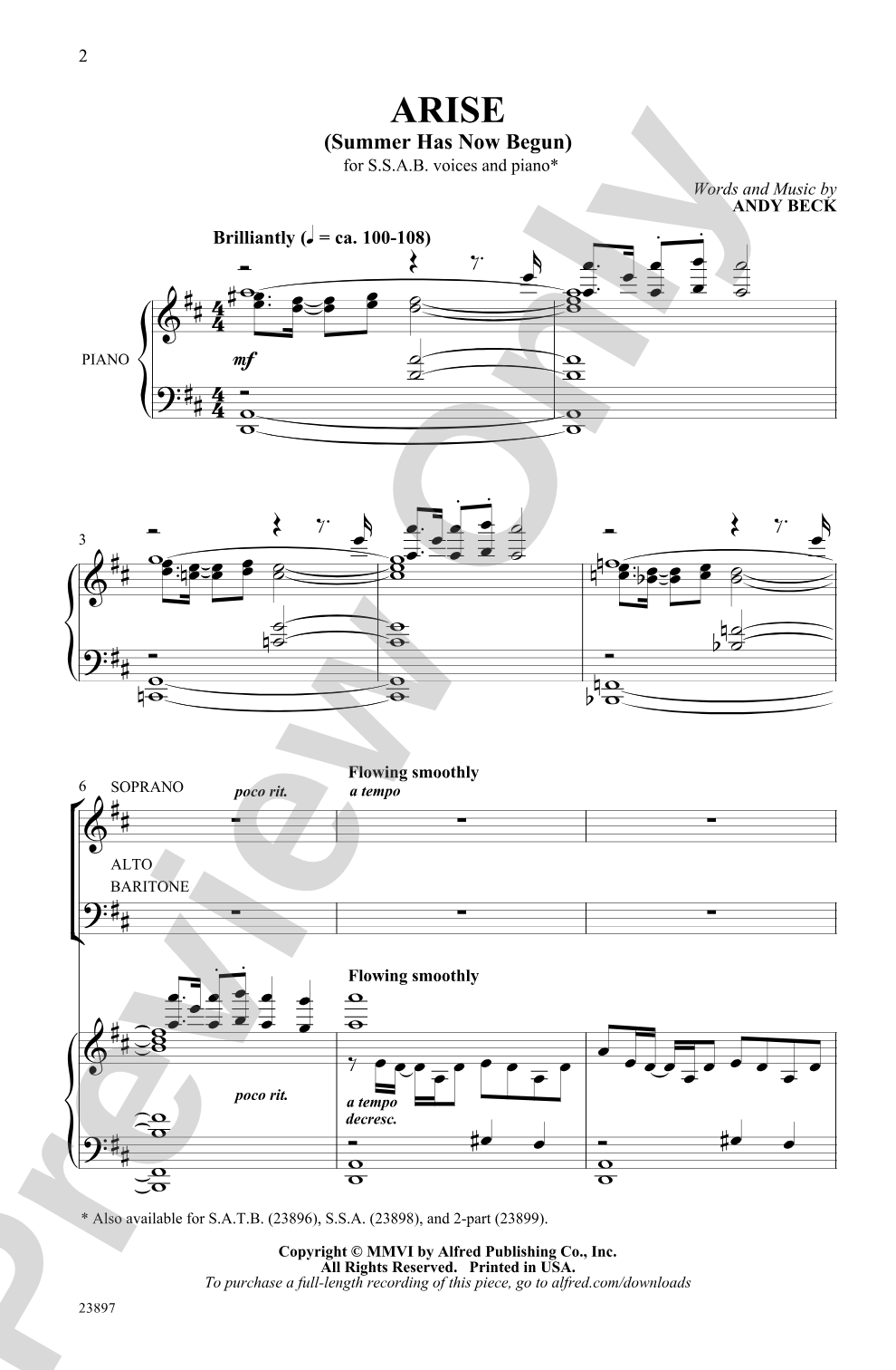 Arise (Summer Has Now Begun): SSAB Choral Octavo