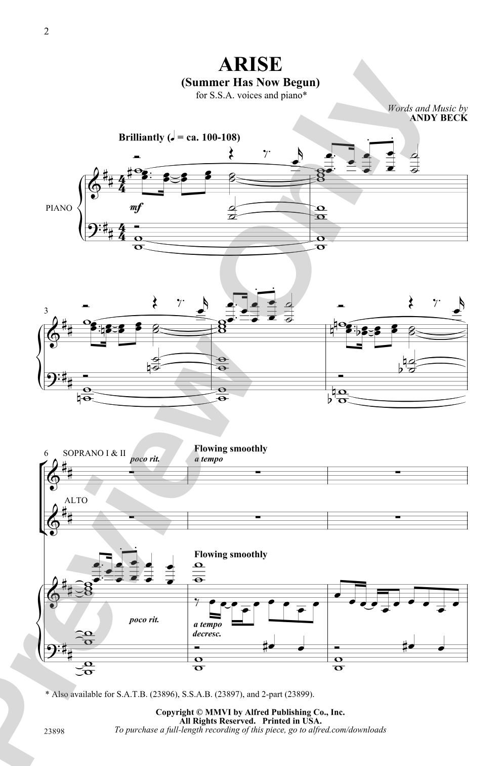 Arise (Summer Has Now Begun): SSA Choral Octavo