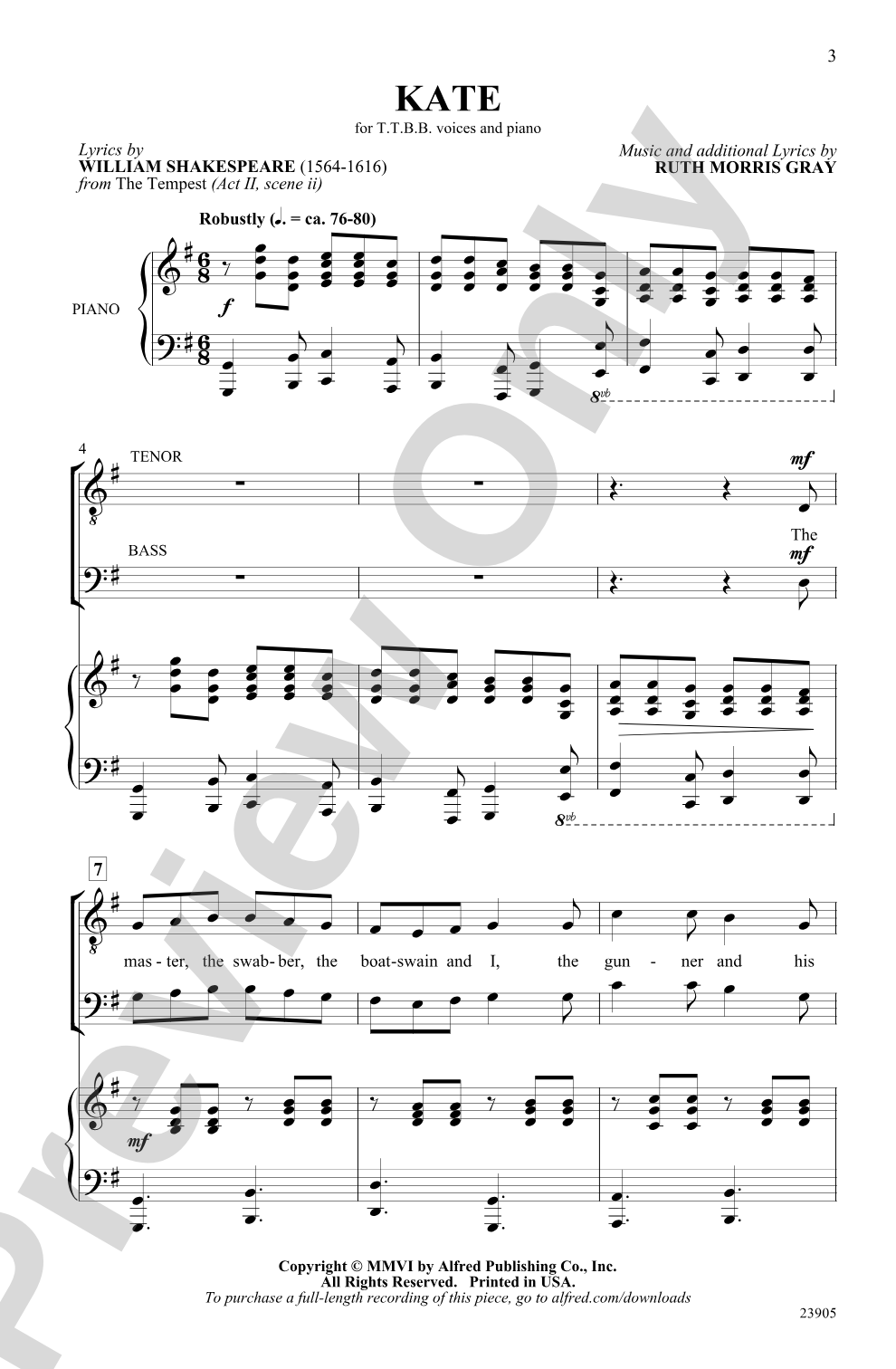 Kate: TTBB Choral Octavo