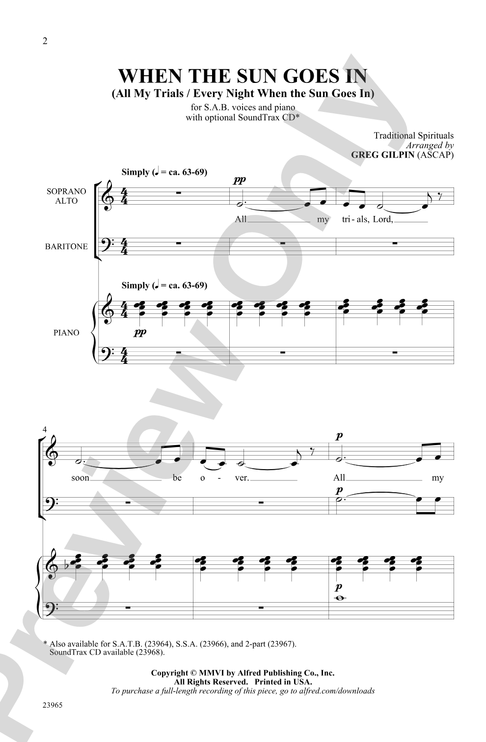 When the Sun Goes In: SAB Choral Octavo