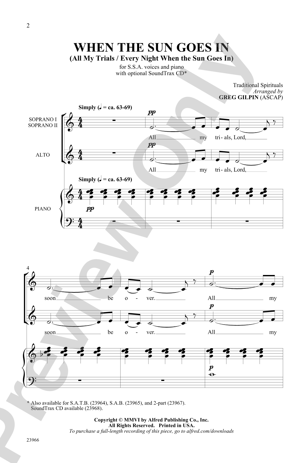 When the Sun Goes In: SSA Choral Octavo