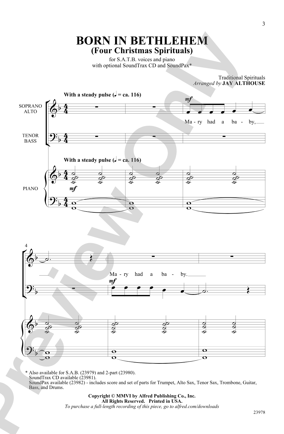 Born in Bethlehem (Four Christmas Spirituals): SATB Choral Octavo