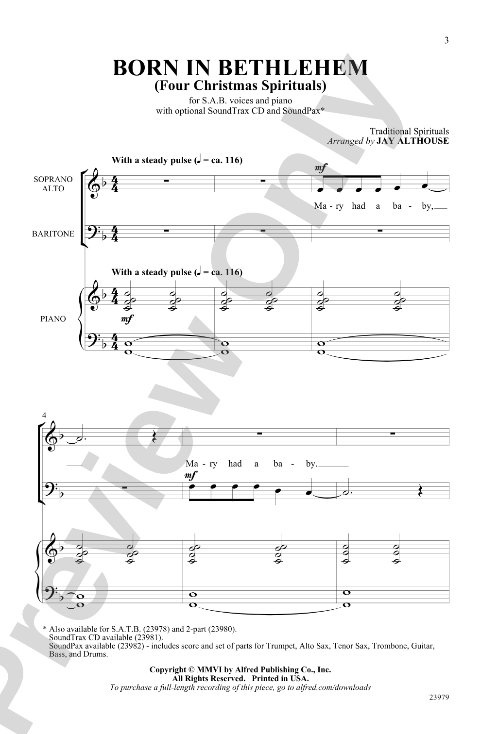 Born in Bethlehem (Four Christmas Spirituals): SAB Choral Octavo