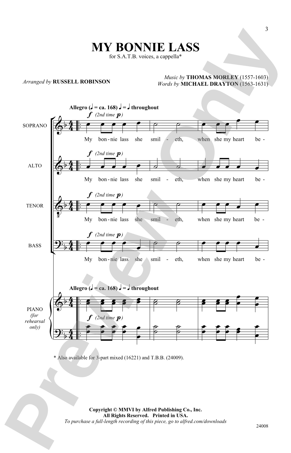 My Bonnie Lass: SATB, <I>a cappella</I> Choral Octavo