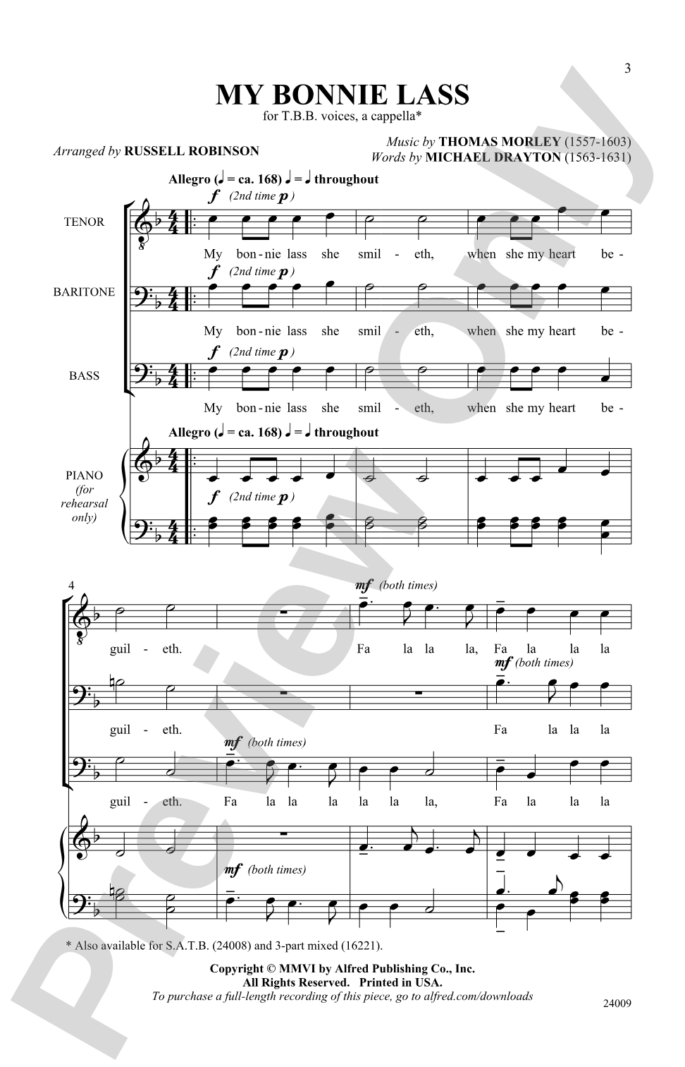 My Bonnie Lass: TBB, <I>a cappella</I> Choral Octavo