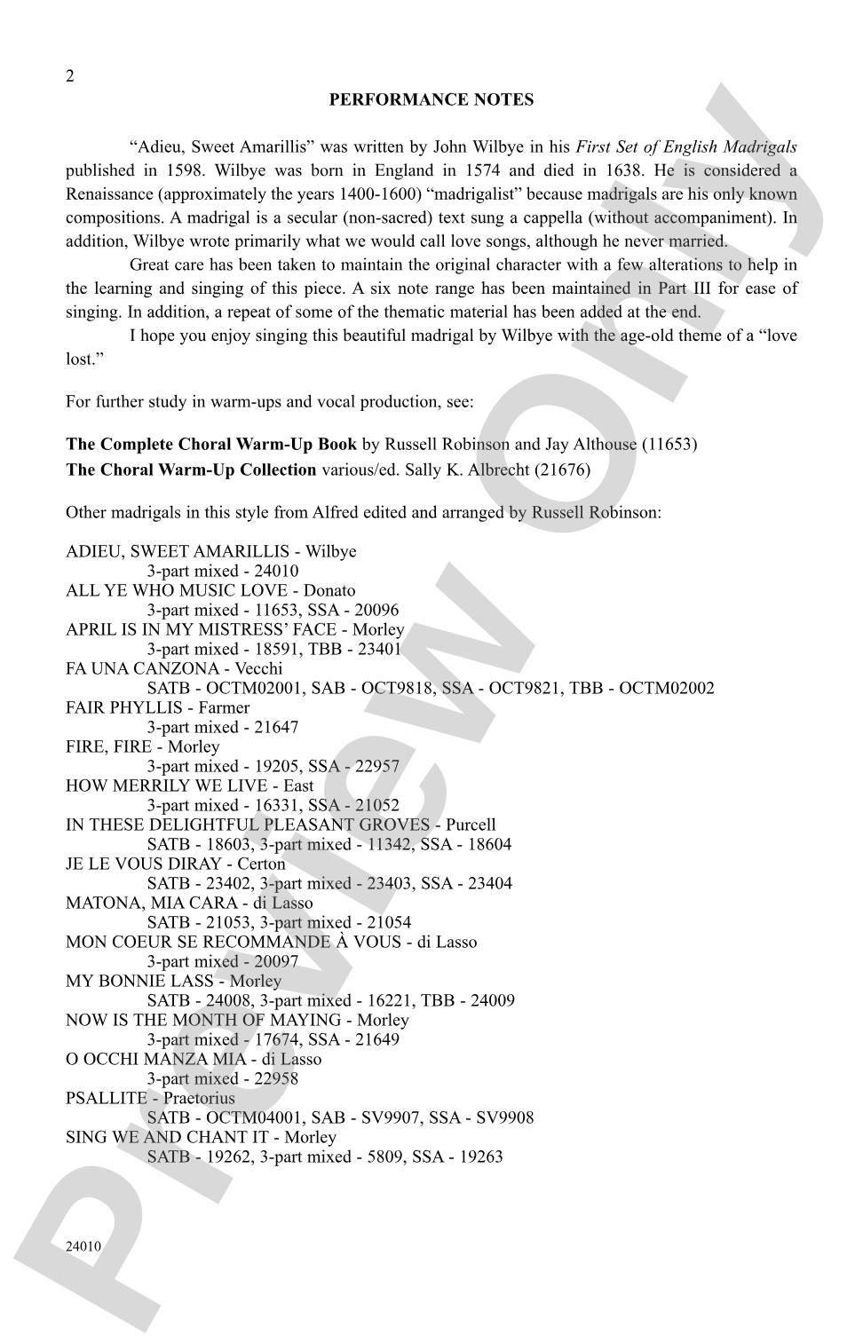 Adieu, Sweet Amarillis (English Madrigal): 3-Part Mixed, <i>a cappella</i> Choral Octavo