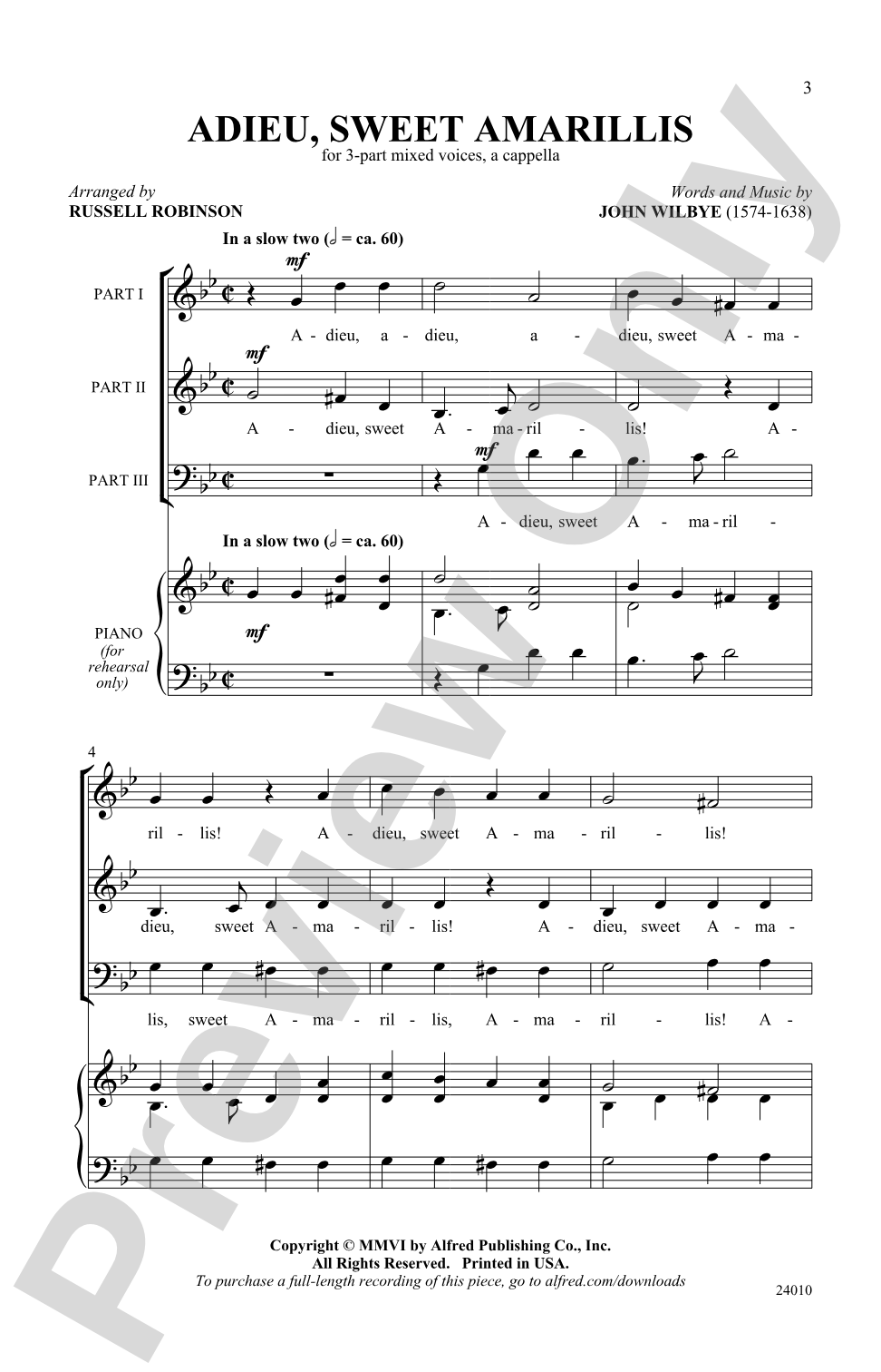 Adieu, Sweet Amarillis (English Madrigal): 3-Part Mixed, <i>a cappella</i> Choral Octavo