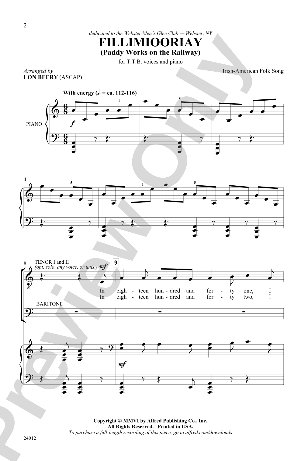 Fillimiooriay (Paddy Works on the Railway): TTB Choral Octavo
