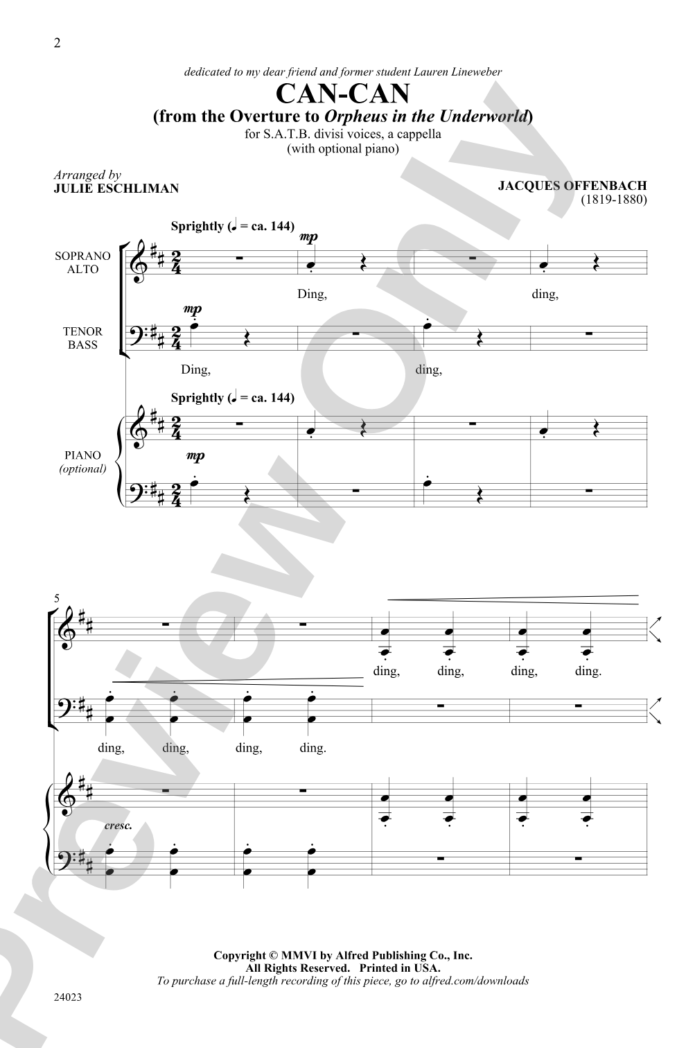 Can-Can (from the Overture to <I>Orpheus in the Underworld</I>): SATB divisi, <I>a cappella</I> Choral Octavo