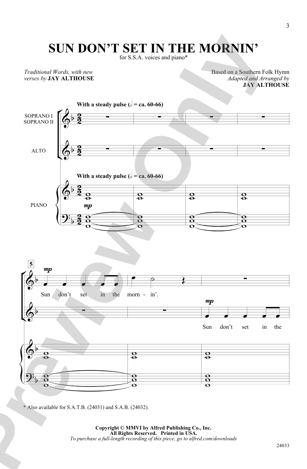 Sun Don't Set in the Mornin': SSA Choral Octavo