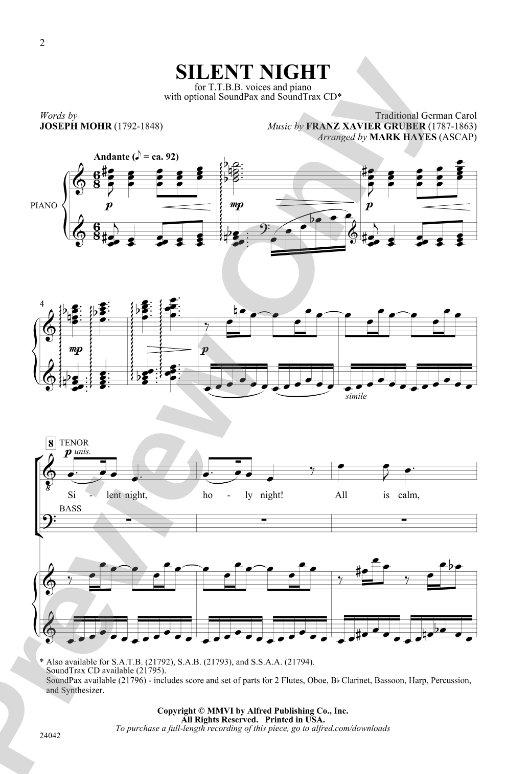 Silent Night: TTBB Choral Octavo