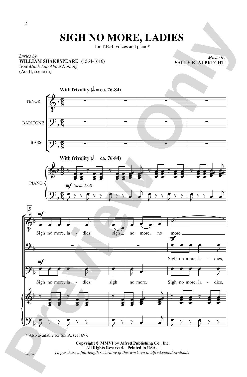 Sigh No More, Ladies: TBB Choral Octavo