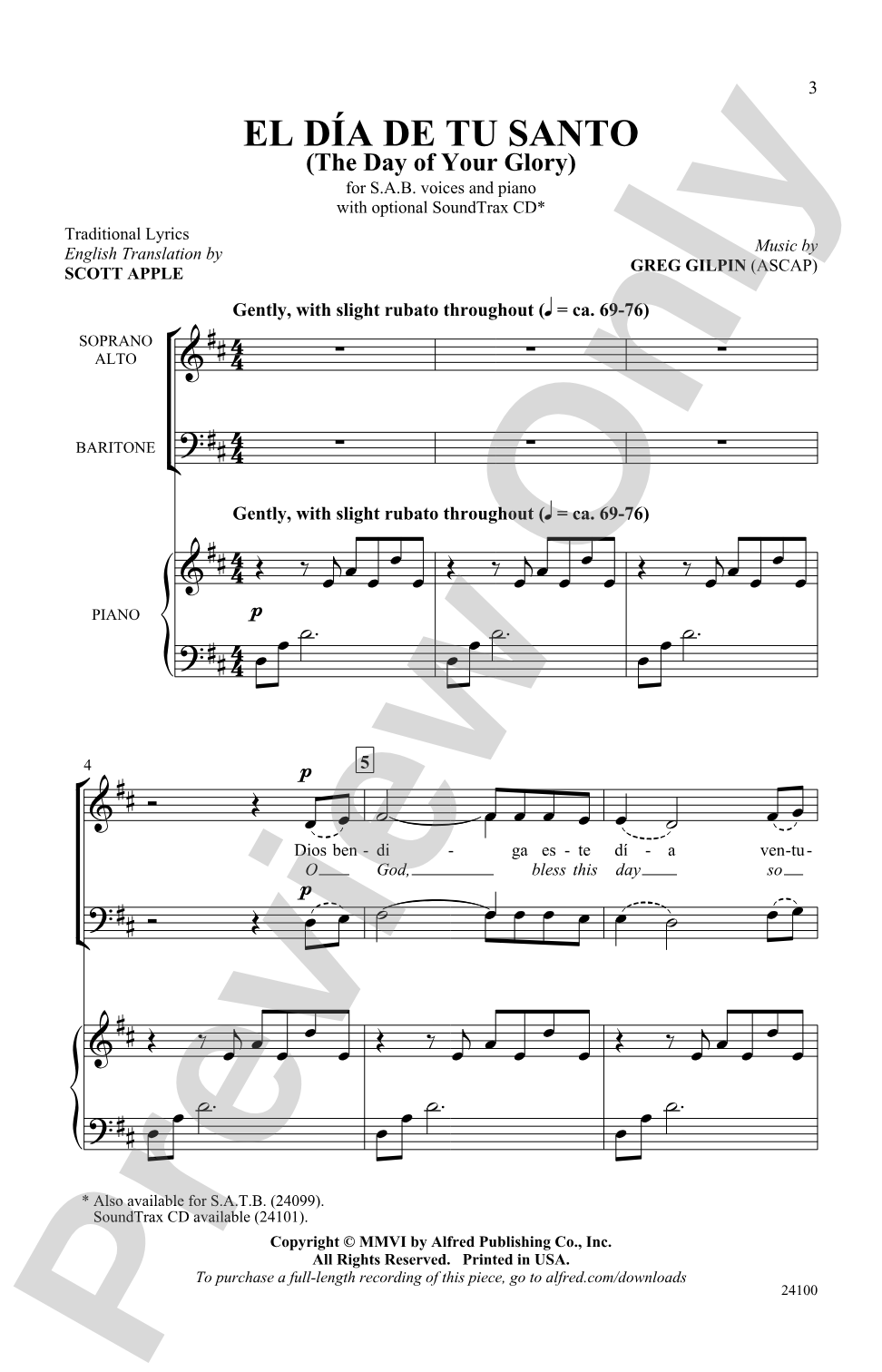 El Dia de Tu Santo (The Day of Your Glory): SAB Choral Octavo