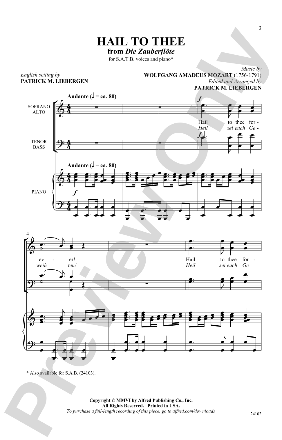 Hail to Thee (from <I>Die Zauberflote</I>): SATB Choral Octavo