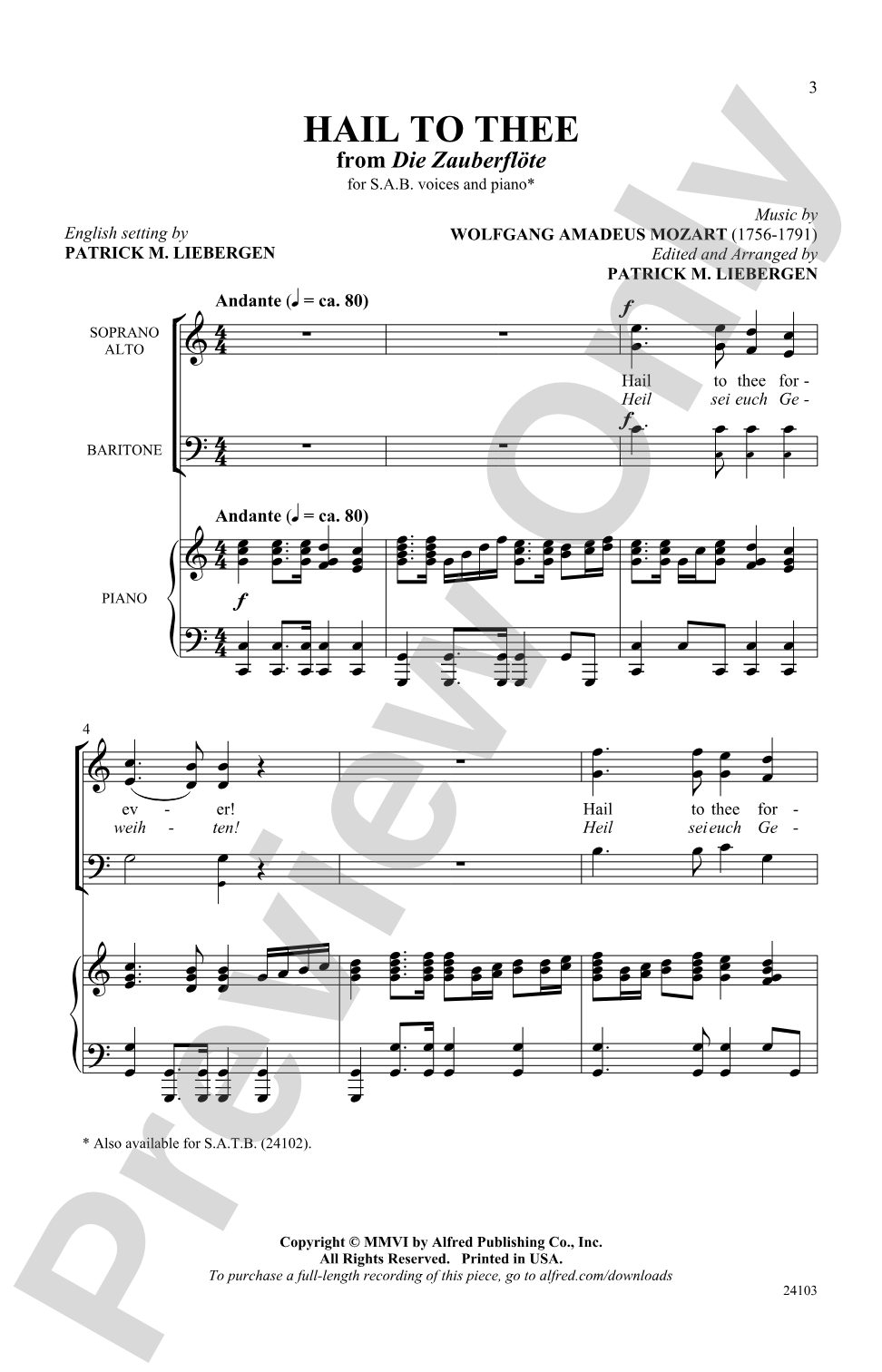 Hail to Thee (from <I>Die Zauberflote</I>): SAB Choral Octavo