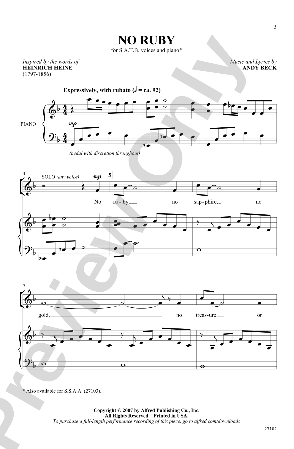 No Ruby: SATB Choral Octavo