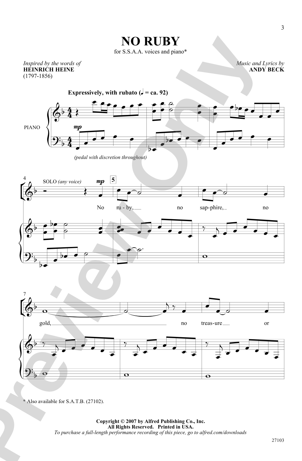 No Ruby: SSAA Choral Octavo