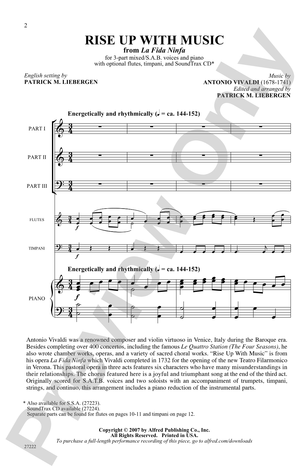 Rise Up with Music (from <I>La Fida Ninfa</I>): 3-Part Mixed / SAB Choral Octavo
