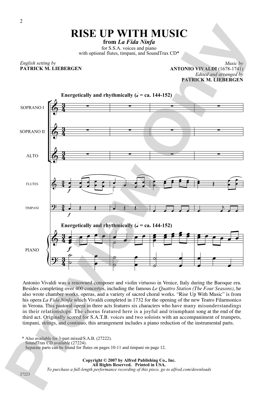 Rise Up with Music (from <I>La Fida Ninfa</I>): SSA Choral Octavo