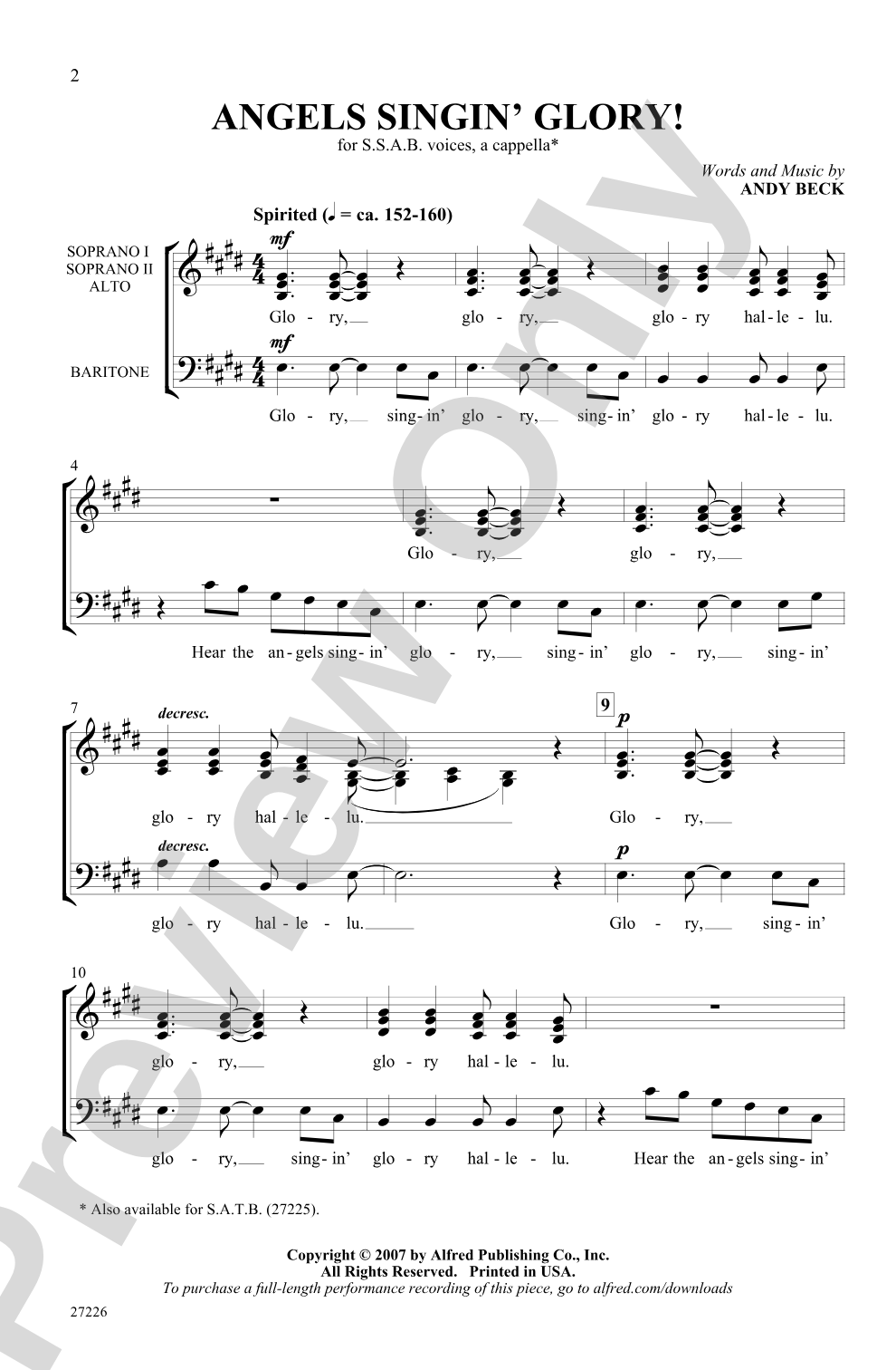 Angels Singin' Glory!: SSAB, <I>a cappella</I> Choral Octavo