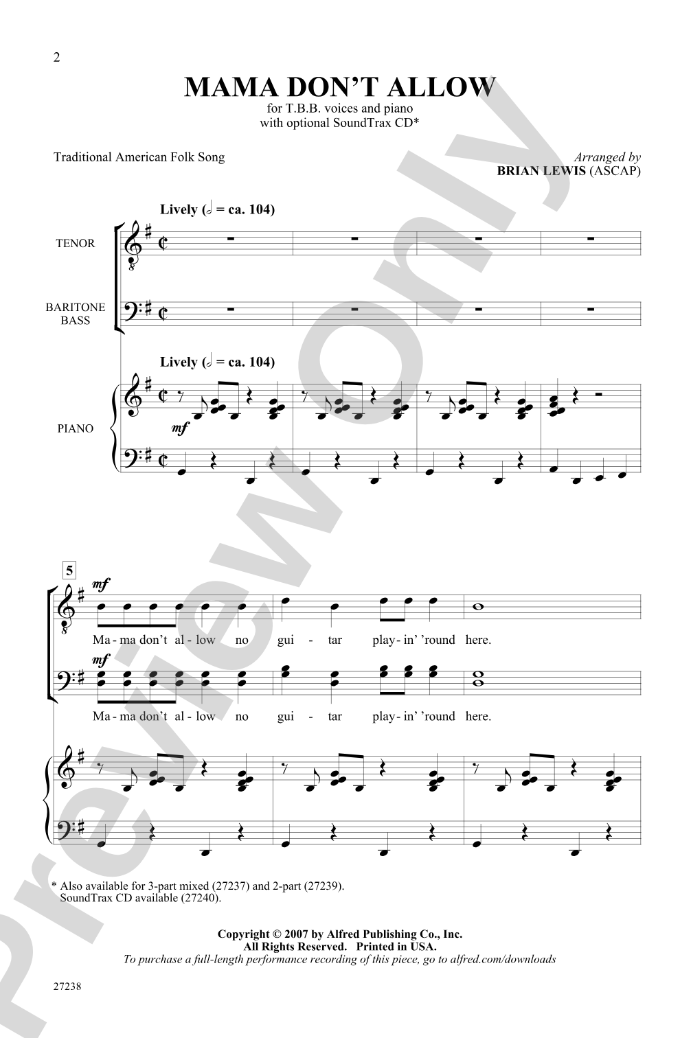 Mama Don't Allow: TBB Choral Octavo