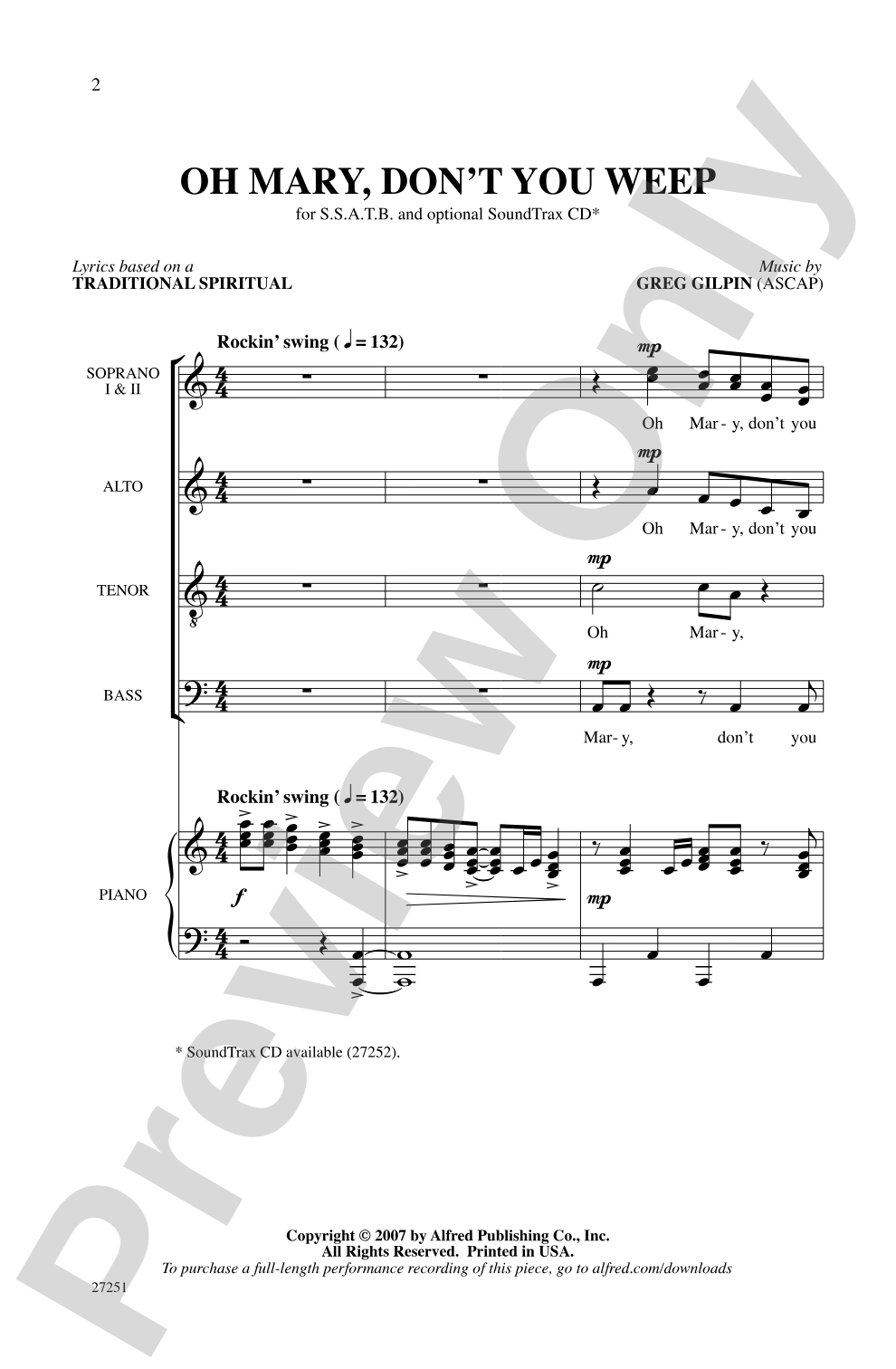 Oh Mary, Don't You Weep: SSATB Choral Octavo