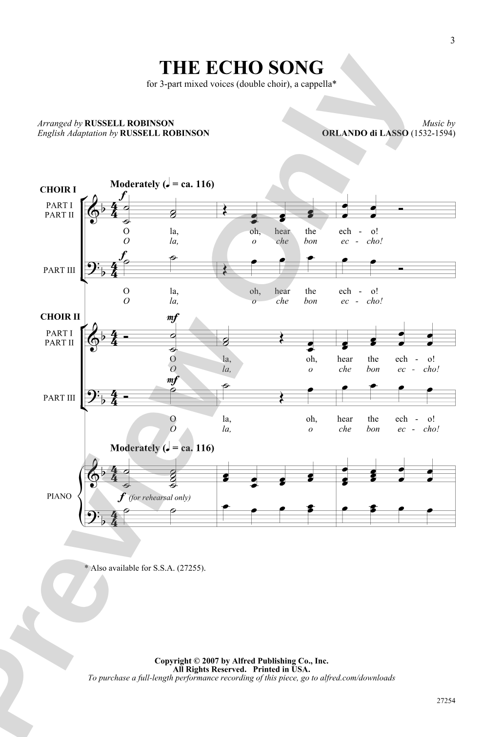 The Echo Song (Italian Madrigal): 3-Part (Double Choir), <i>a cappella</i> Choral Octavo
