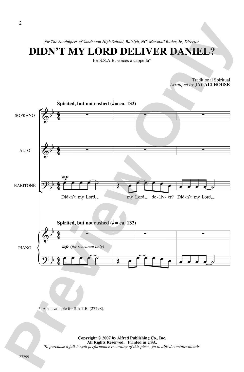 Didn't My Lord Deliver Daniel?: SSAB, <i>a cappella</i> Choral Octavo
