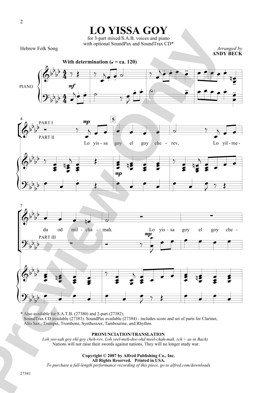 Lo Yissa Goy: 3-Part / SAB Choral Octavo