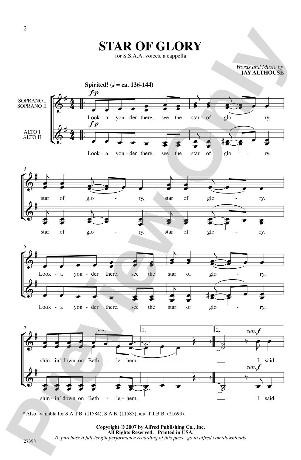 Star of Glory: SSAA, <I>a cappella</I> Choral Octavo